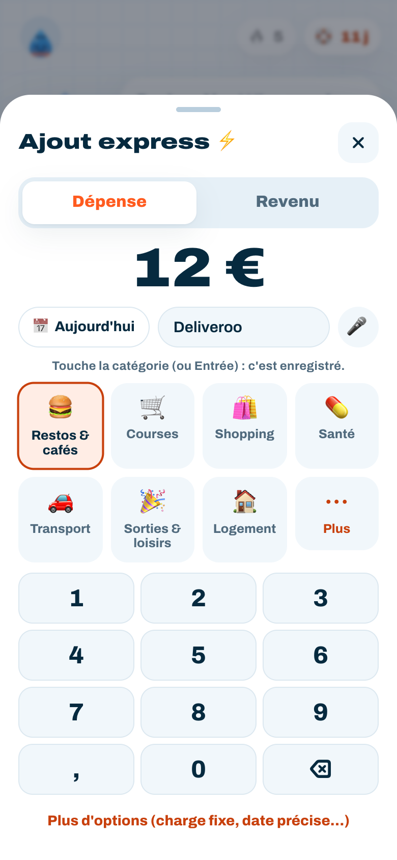Capture d'écran de Flux : ajout d'une dépense